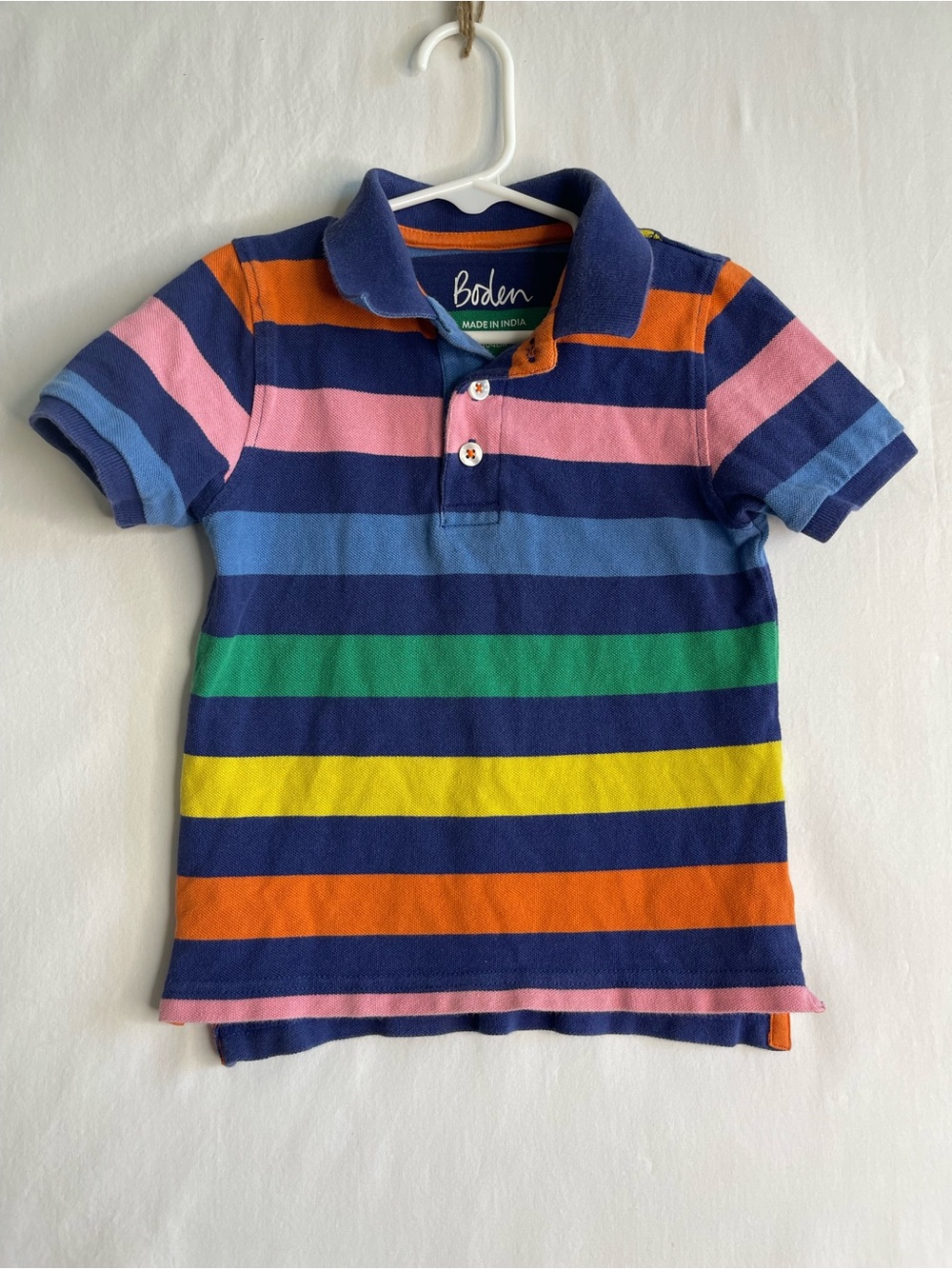 Boden Kids' Rainbow Stripe Polo — Navy, Pink, Orange, Blue, Green, Yellow